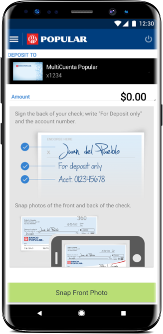 Mobile phone showing app's deposit screen