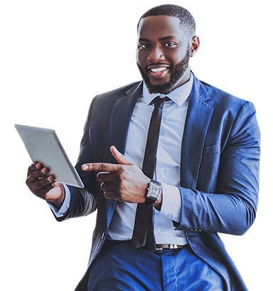 man smiling and holding a tablet