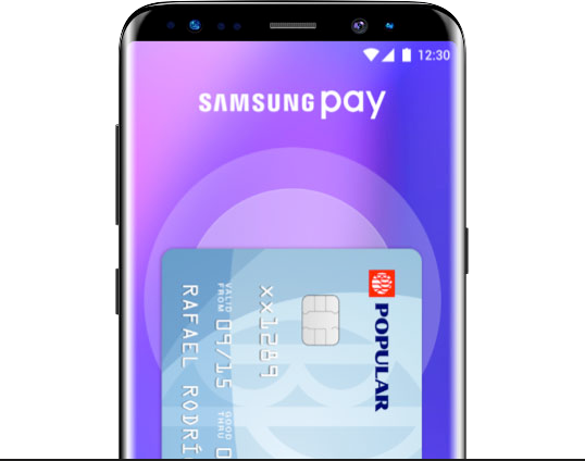 Pantalla de celular mostrando aplicación de Sansung Pay con tarjeta de Popular añadida